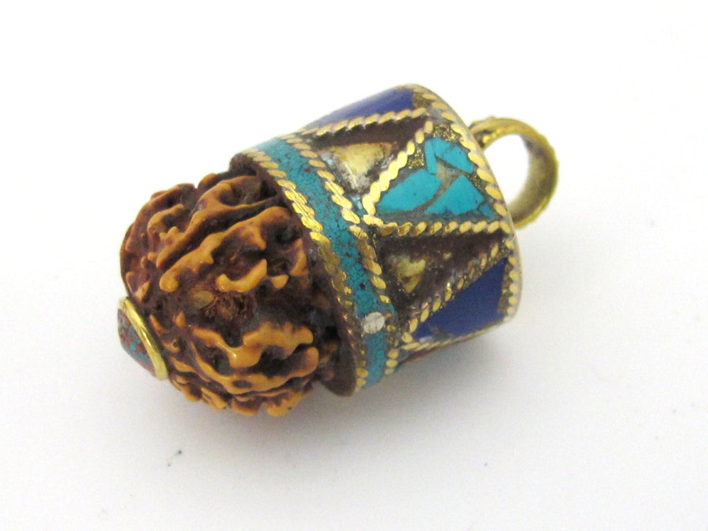 1 Pendant - Nepal natural Rudraksha seed capped drop brass pendant with lapis turquoise inlays - PM476D