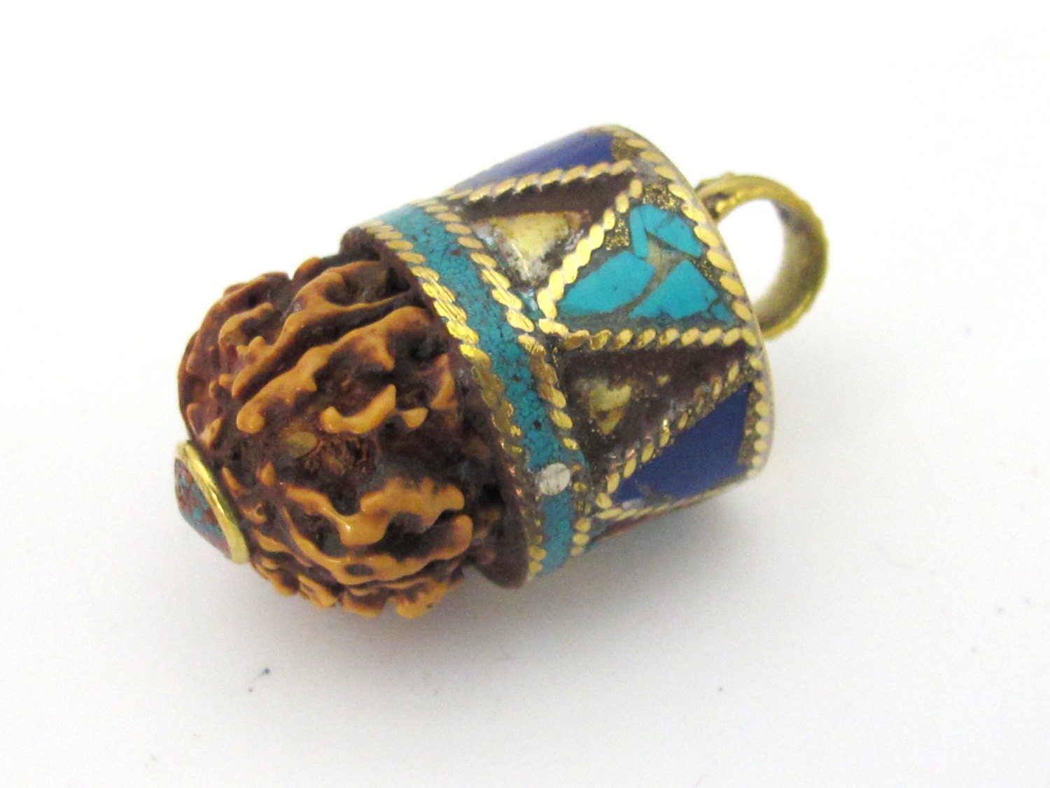 1 Pendant - Nepal natural Rudraksha seed capped drop brass pendant with lapis turquoise inlays - PM476D