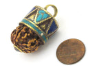 1 Pendant - Nepal natural Rudraksha seed capped drop brass pendant with lapis turquoise inlays - PM476D