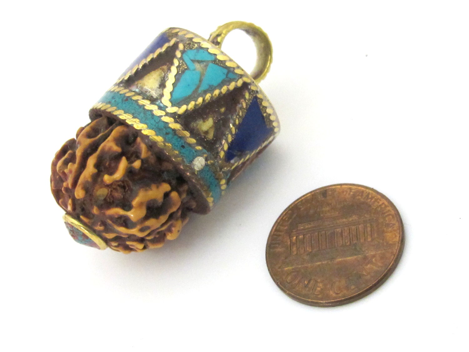 1 Pendant - Nepal natural Rudraksha seed capped drop brass pendant with lapis turquoise inlays - PM476D
