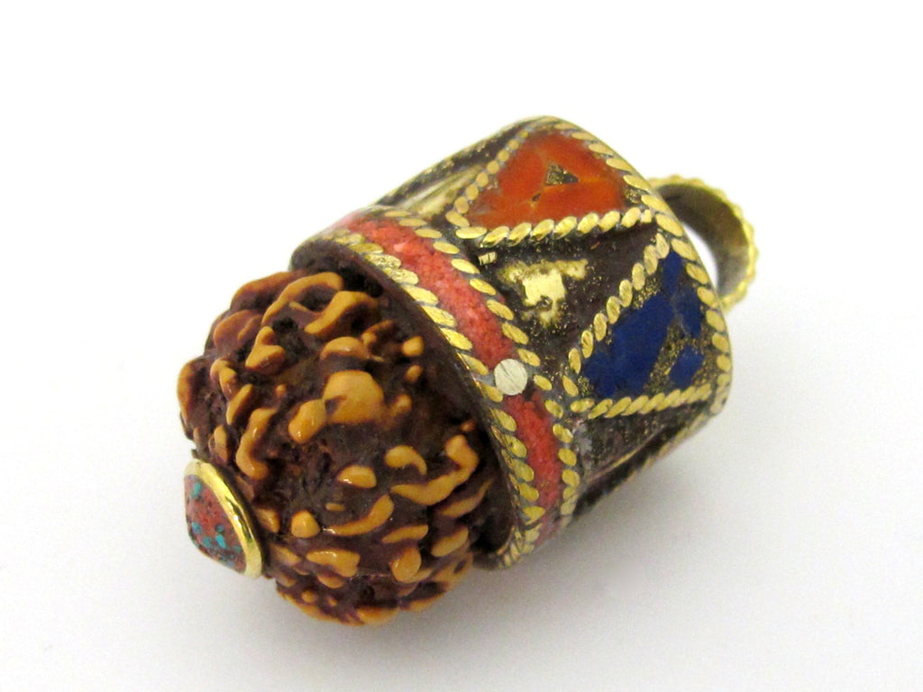1 Pendant - Nepal natural Rudraksha seed capped drop brass pendant with lapis coral inlays - PM476C