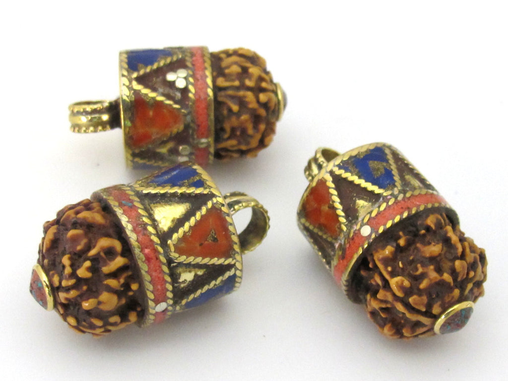 1 Pendant - Nepal natural Rudraksha seed capped drop brass pendant with lapis coral inlays - PM476C