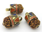 1 Pendant - Nepal natural Rudraksha seed capped drop brass pendant with lapis coral inlays - PM476C