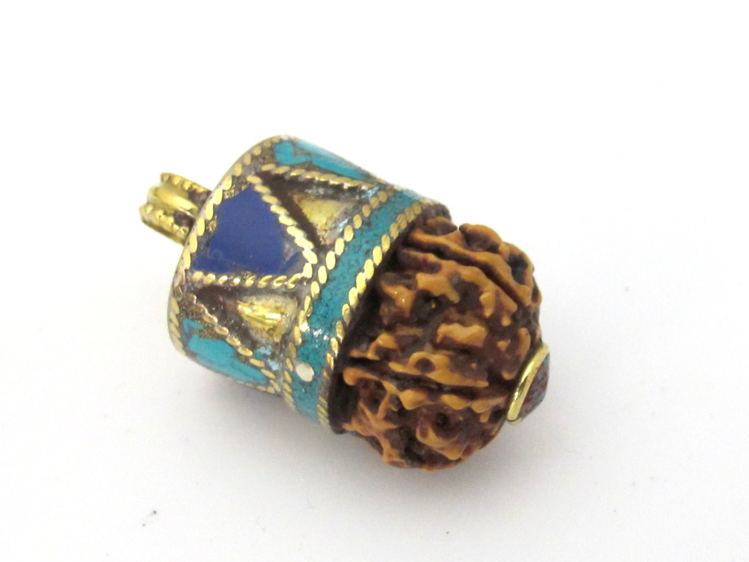 1 Pendant - Nepal natural Rudraksha seed capped drop brass pendant with lapis turquoise inlays - PM476D