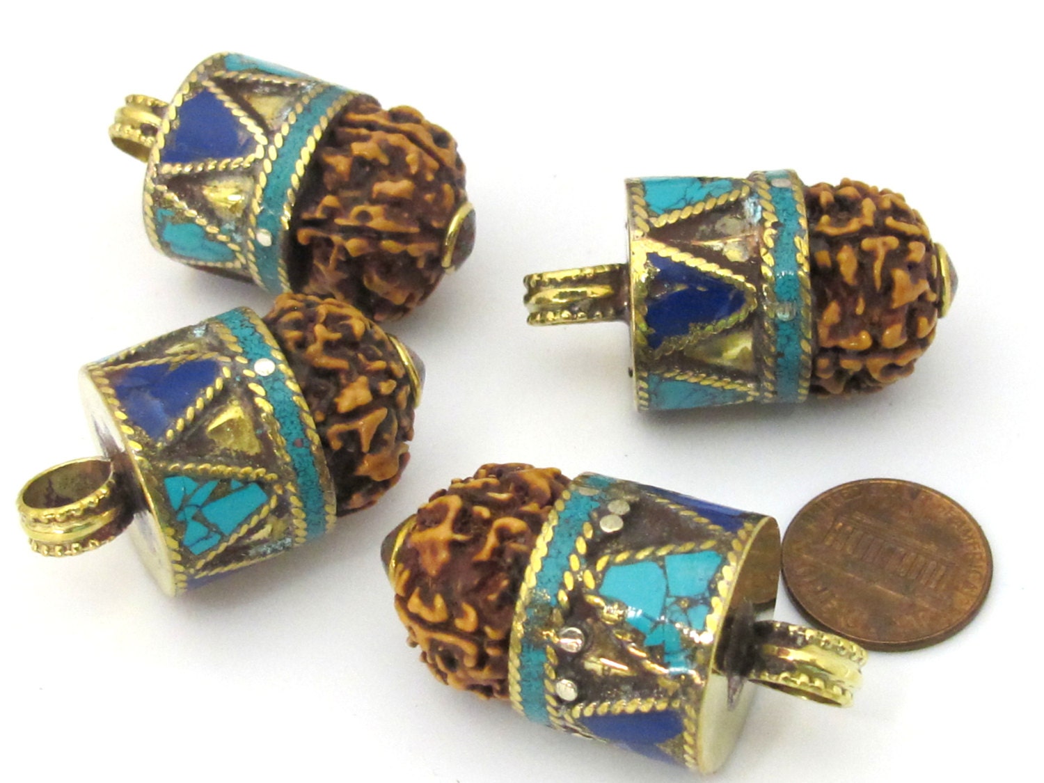 1 Pendant - Nepal natural Rudraksha seed capped drop brass pendant with lapis turquoise inlays - PM476D