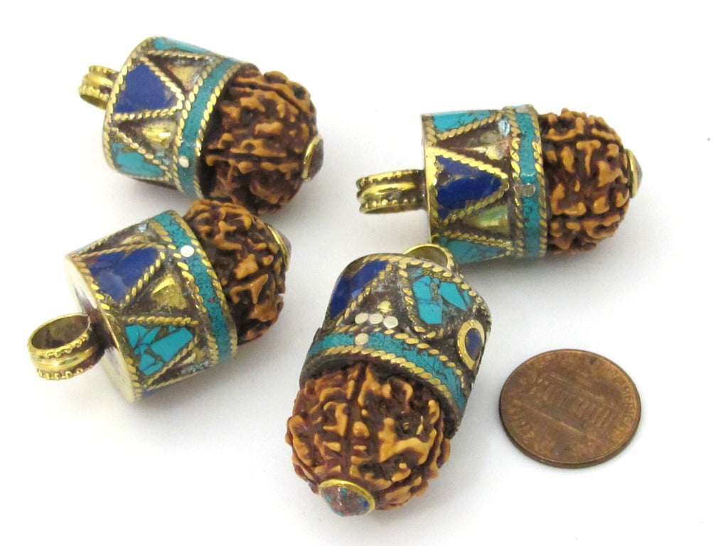 1 Pendant - Nepal natural Rudraksha seed capped drop brass pendant with lapis turquoise inlays - PM476D