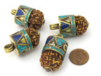1 Pendant - Nepal natural Rudraksha seed capped drop brass pendant with lapis turquoise inlays - PM476D