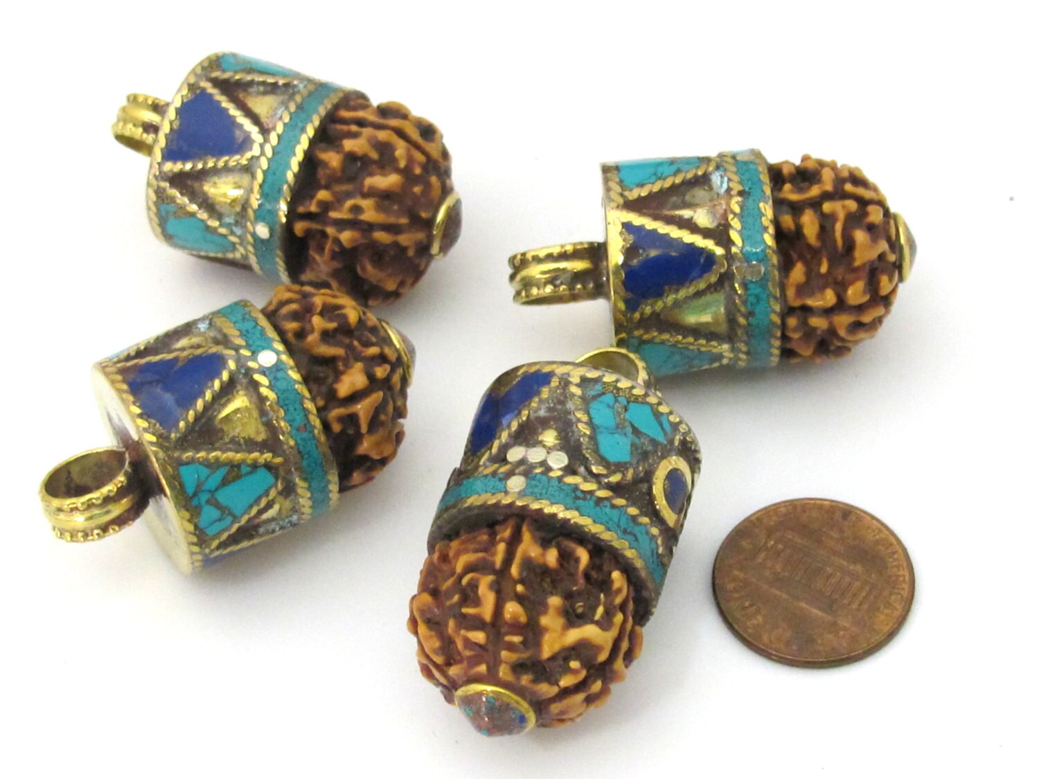 1 Pendant - Nepal natural Rudraksha seed capped drop brass pendant with lapis turquoise inlays - PM476D