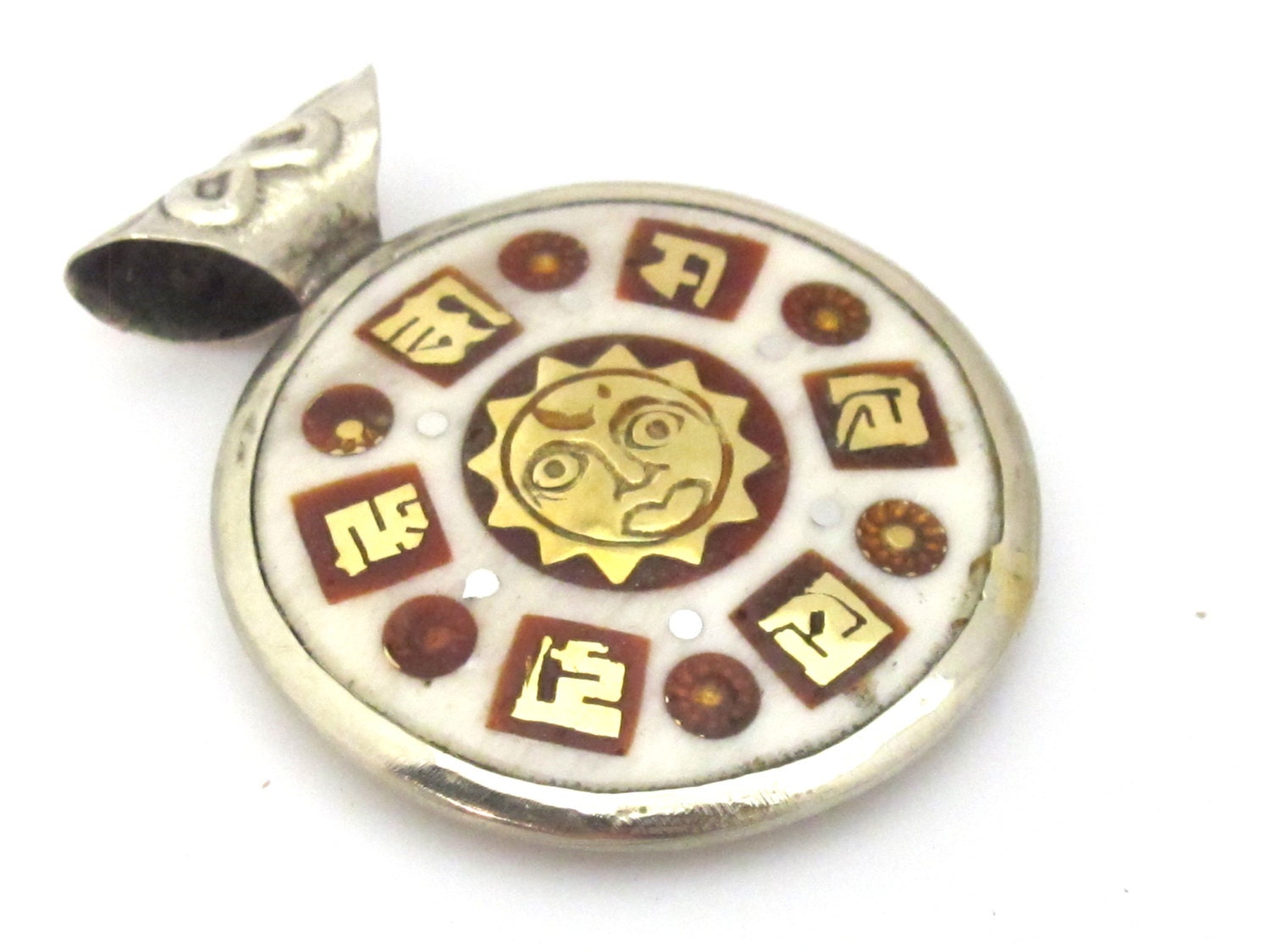 1 Pendant - Reversible Ganesha Sun Om mantra brass inlaid upcycled cattle bone pendant - PM477
