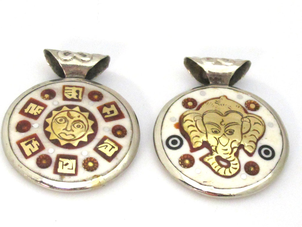 1 Pendant - Reversible Ganesha Sun Om mantra brass inlaid upcycled cattle bone pendant - PM477