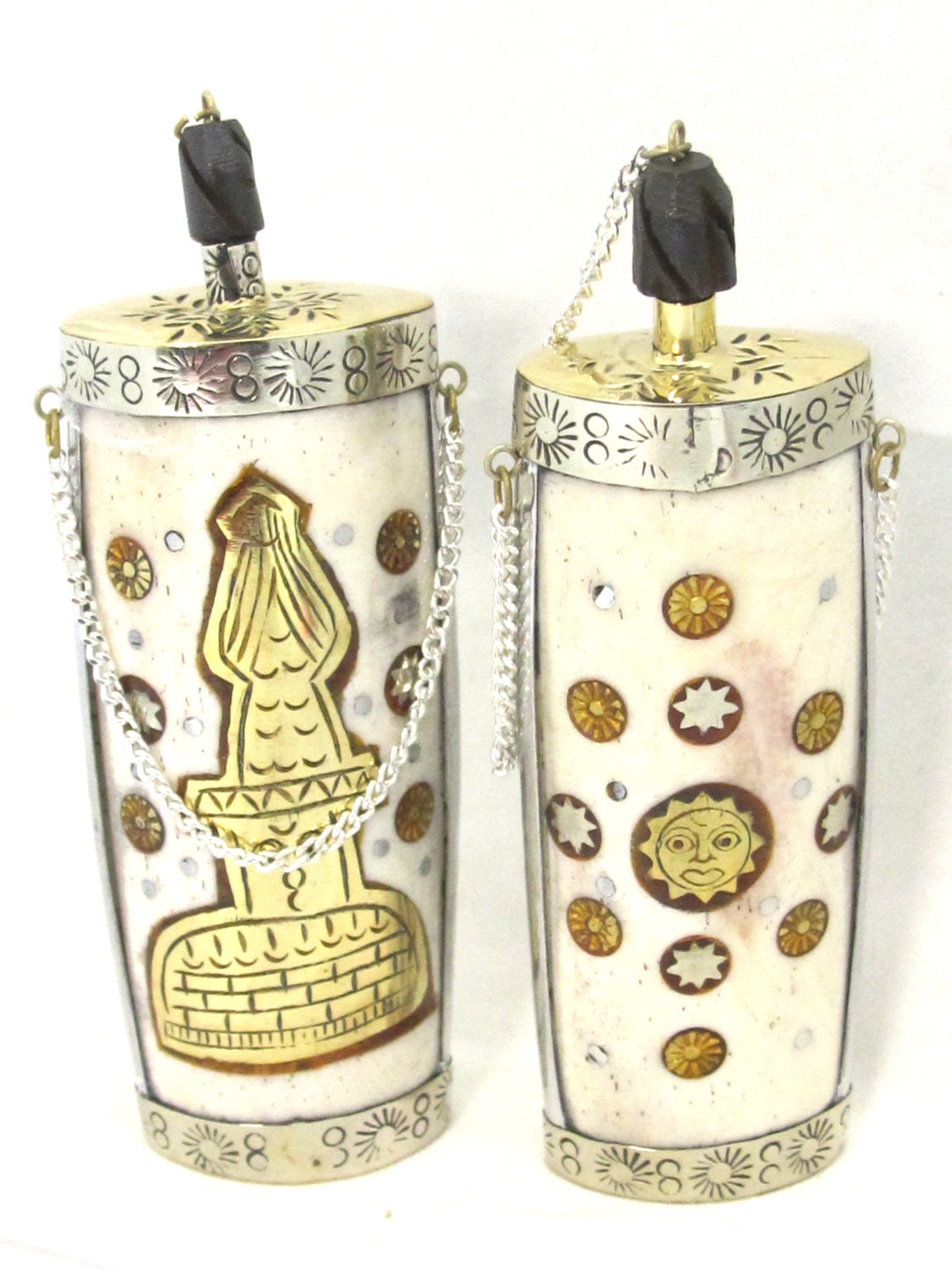 Large Tibetan silver buddha stupa sun design snuff bottle pendant with recycled cattle bone brass inlays - PM478