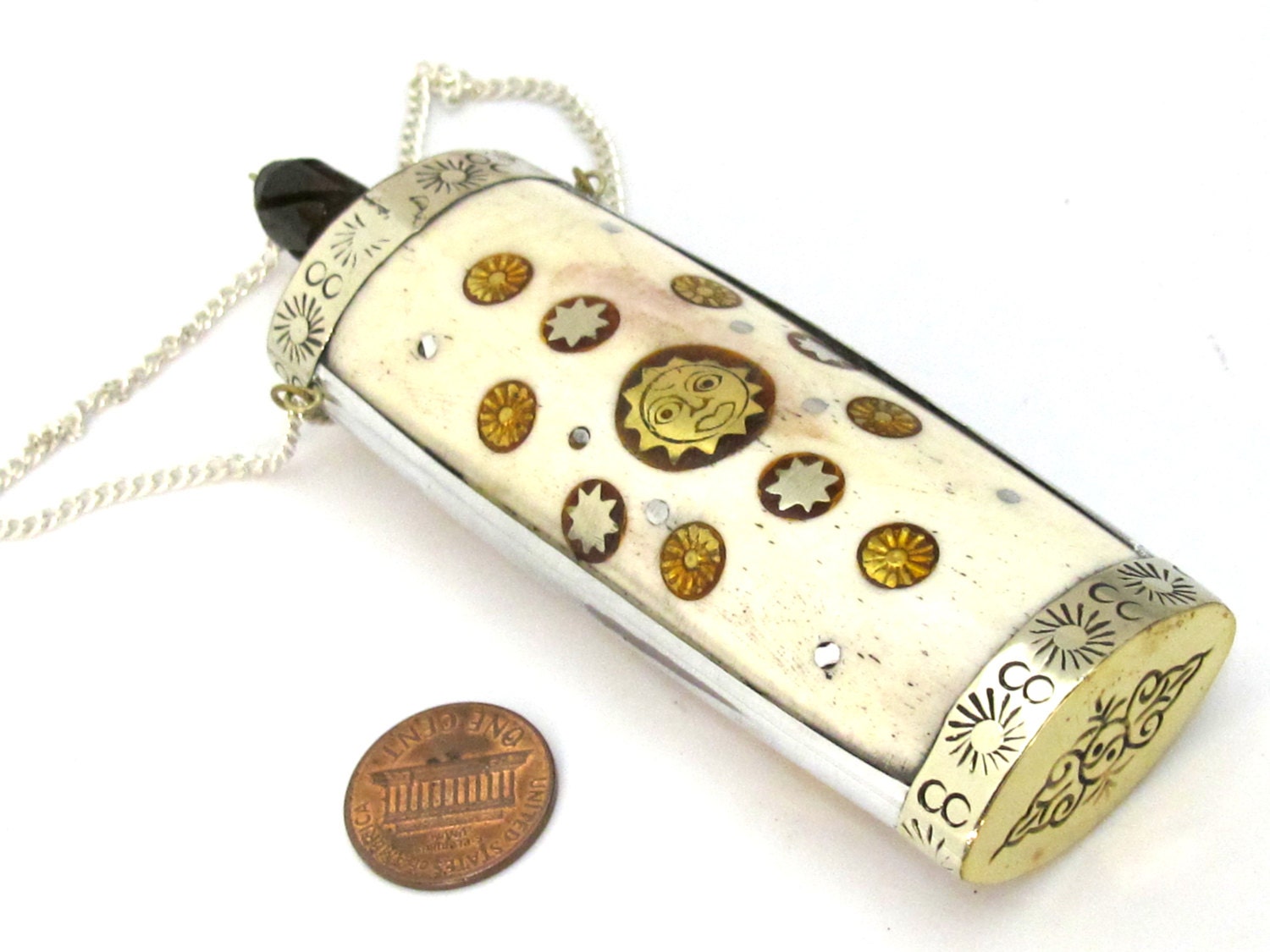 Large Tibetan silver buddha stupa sun design snuff bottle pendant with recycled cattle bone brass inlays - PM478
