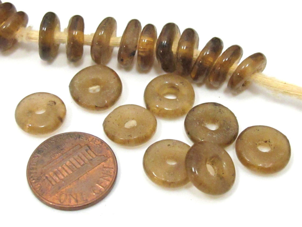 10 BEADS - Honey brown color ghana African recycled glass disc beads - AB007A