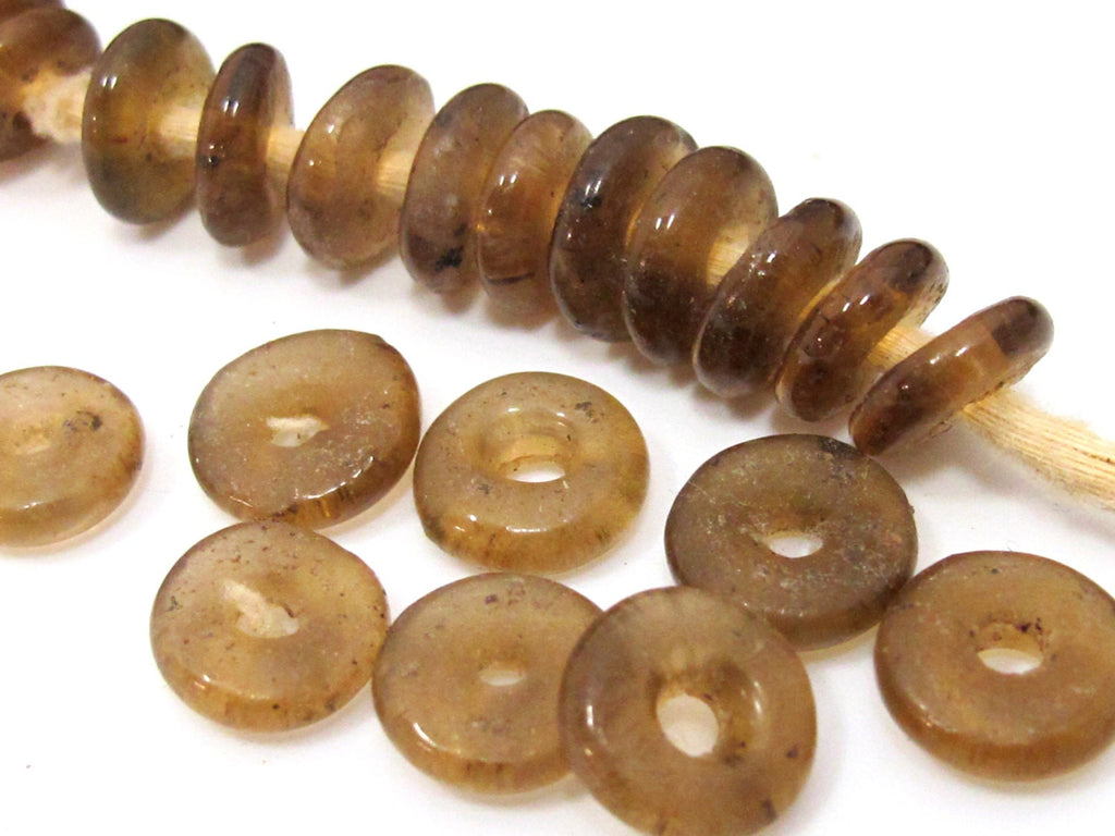10 BEADS - Honey brown color ghana African recycled glass disc beads - AB007A