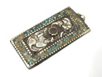 1 piece - Rectangle bar shape Tibetan antiqued silver flower carving charms with turquoise coral inlay - PM479