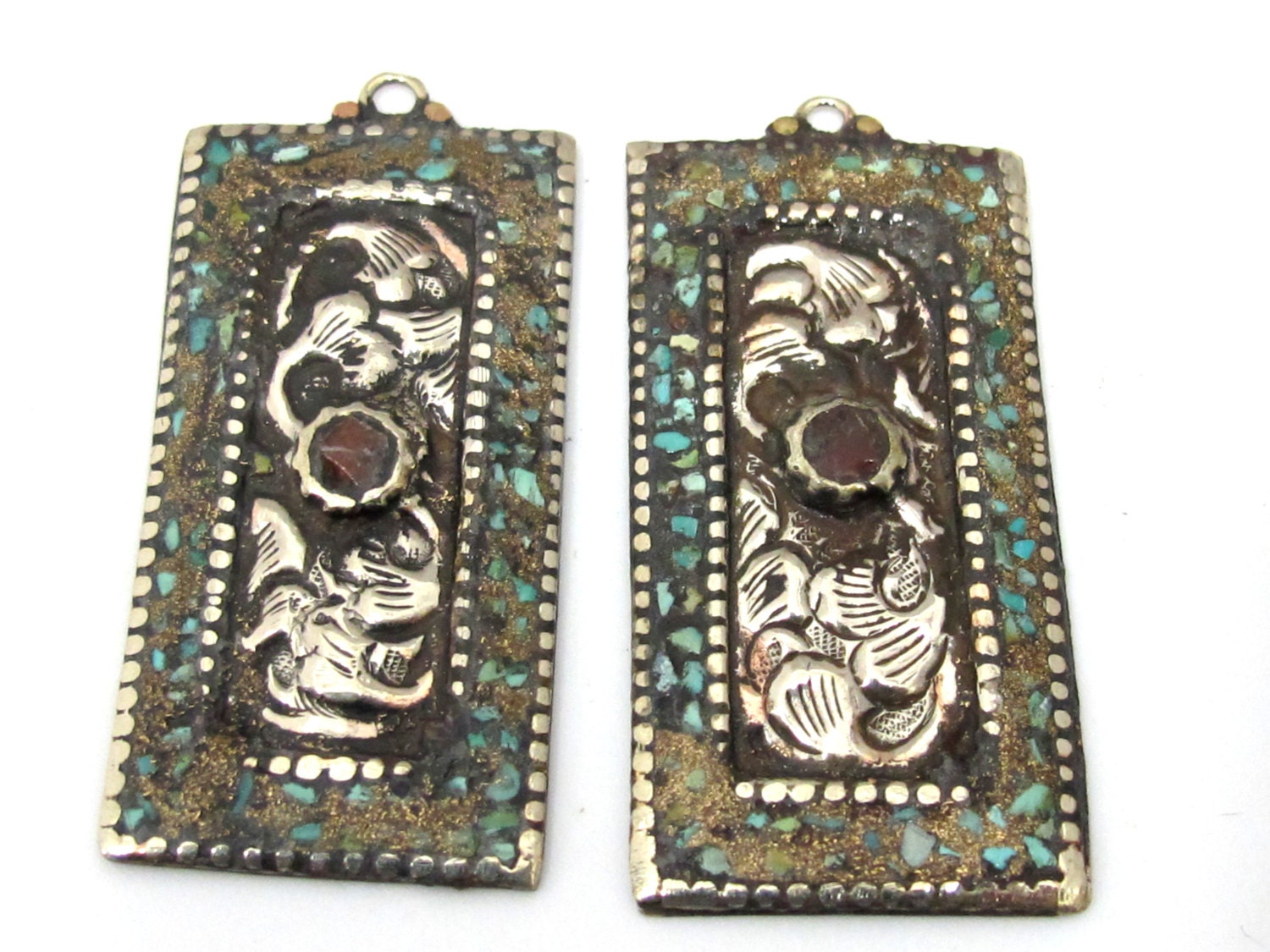 1 piece - Rectangle bar shape Tibetan antiqued silver flower carving charms with turquoise coral inlay - PM479