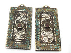 1 piece - Rectangle bar shape Tibetan antiqued silver flower carving charms with turquoise coral inlay - PM479