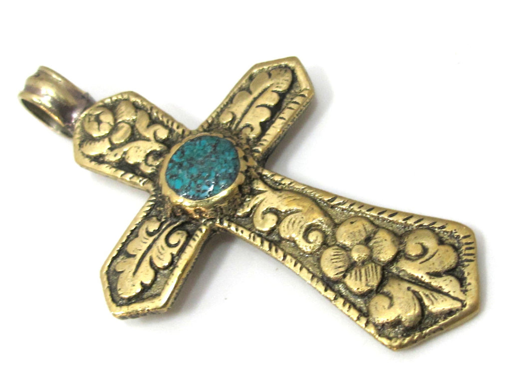 Reversible Tibetan Brass floral repousse cross Pendant with turquoise inlay - PM480
