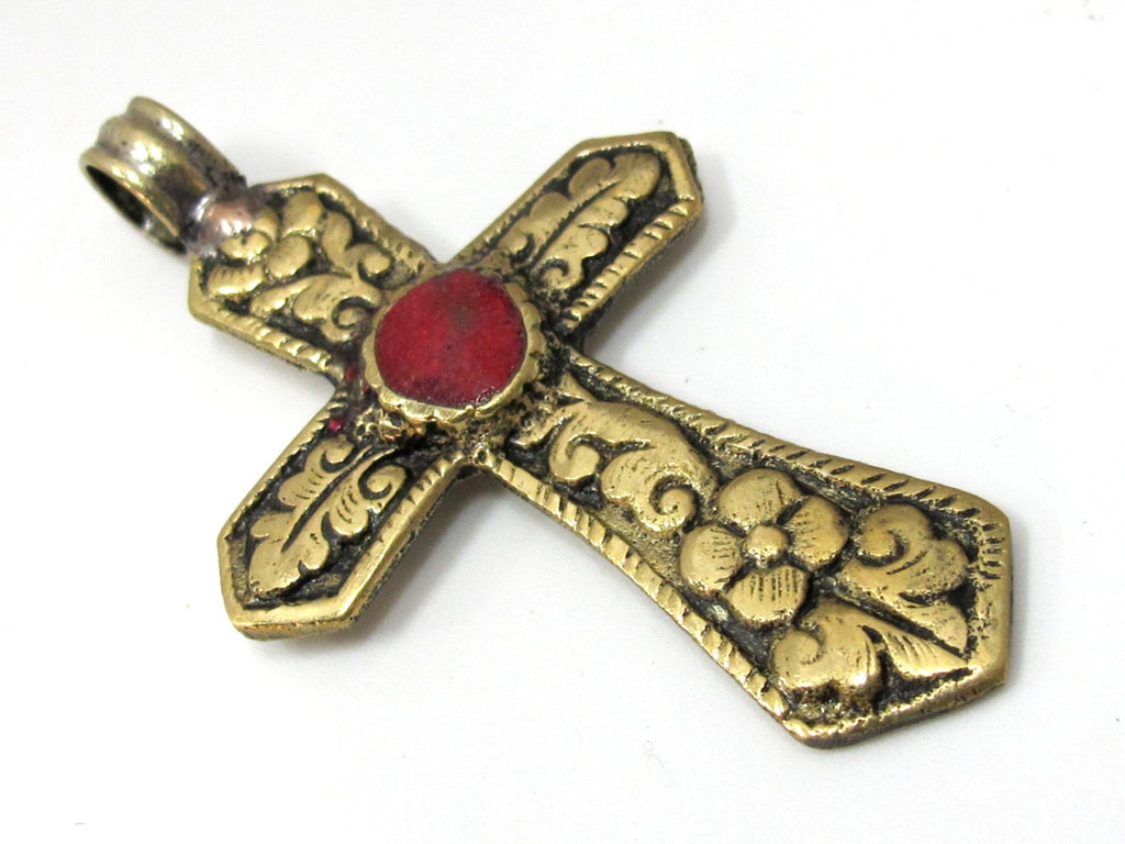 Gorgeous Cross pendant solid brass - Reversible Tibetan Brass floral repousse cross Pendant with inlay - PM481