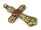Gorgeous Cross pendant solid brass - Reversible Tibetan Brass floral repousse cross Pendant with inlay - PM481