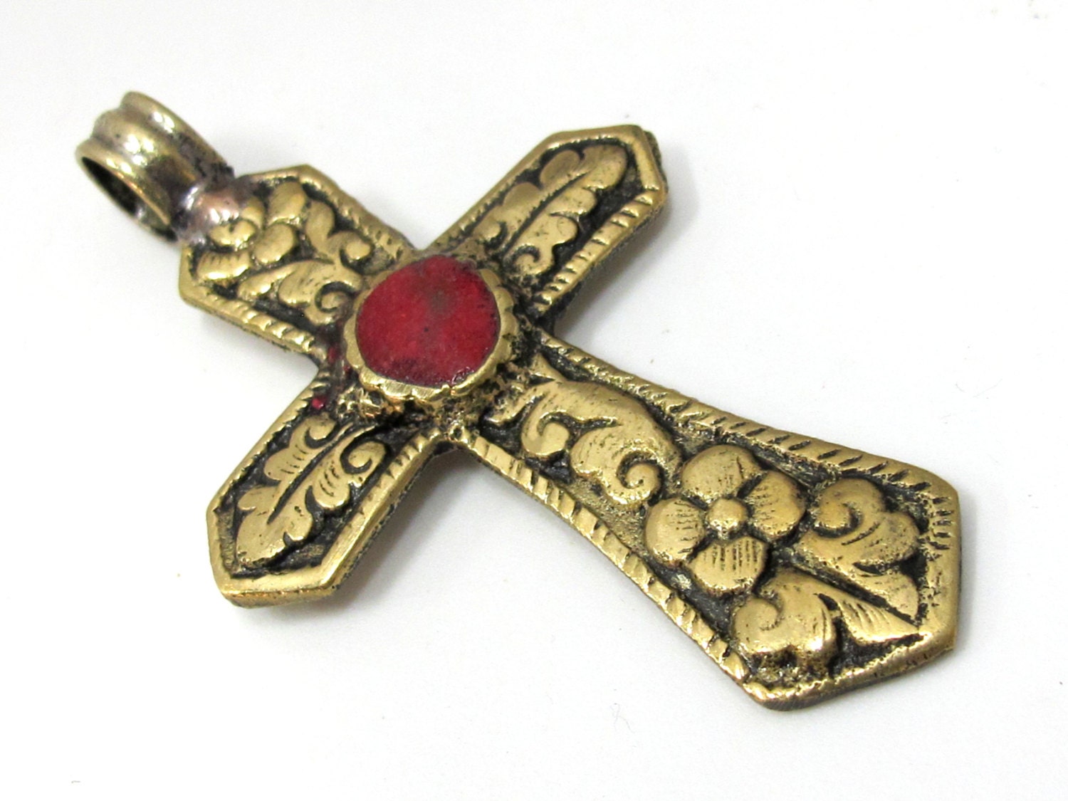 Gorgeous Cross pendant solid brass - Reversible Tibetan Brass floral repousse cross Pendant with inlay - PM481