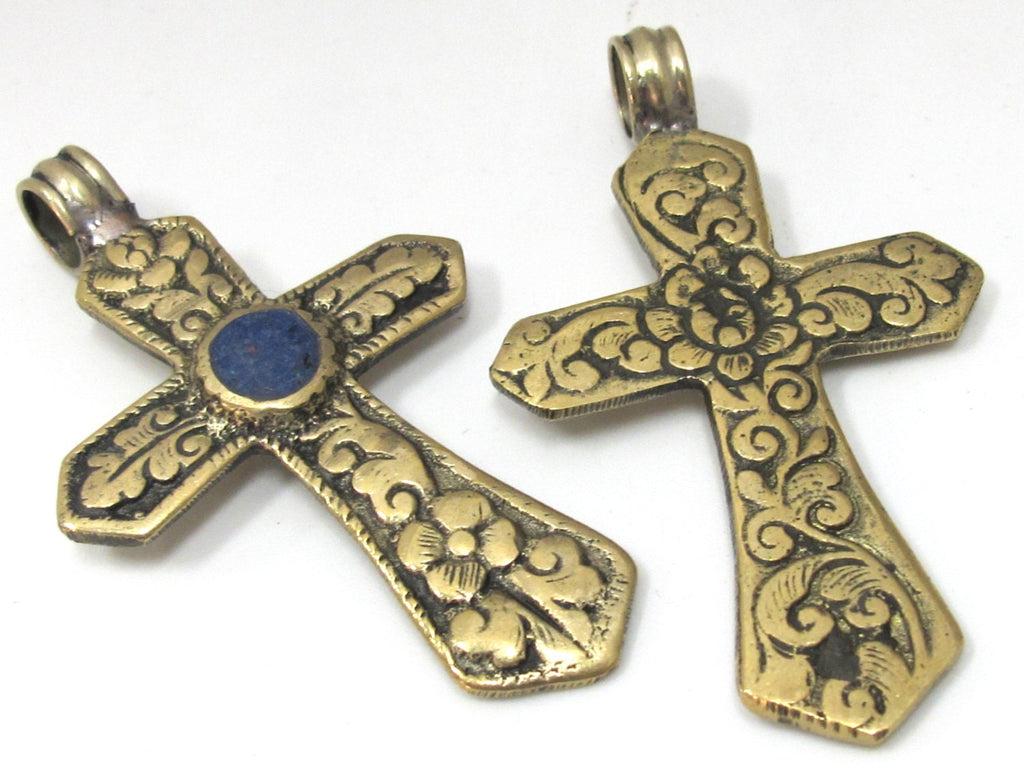 Reversible Tibetan Brass floral repousse cross Pendant with lapis inlay nepalbeadshop - PM482
