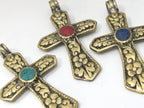 Gorgeous solid brass set of 3 cross Pendants - Ethnic tibetan brass cross reversible floral carving pendant with inlays from Nepal - PM483
