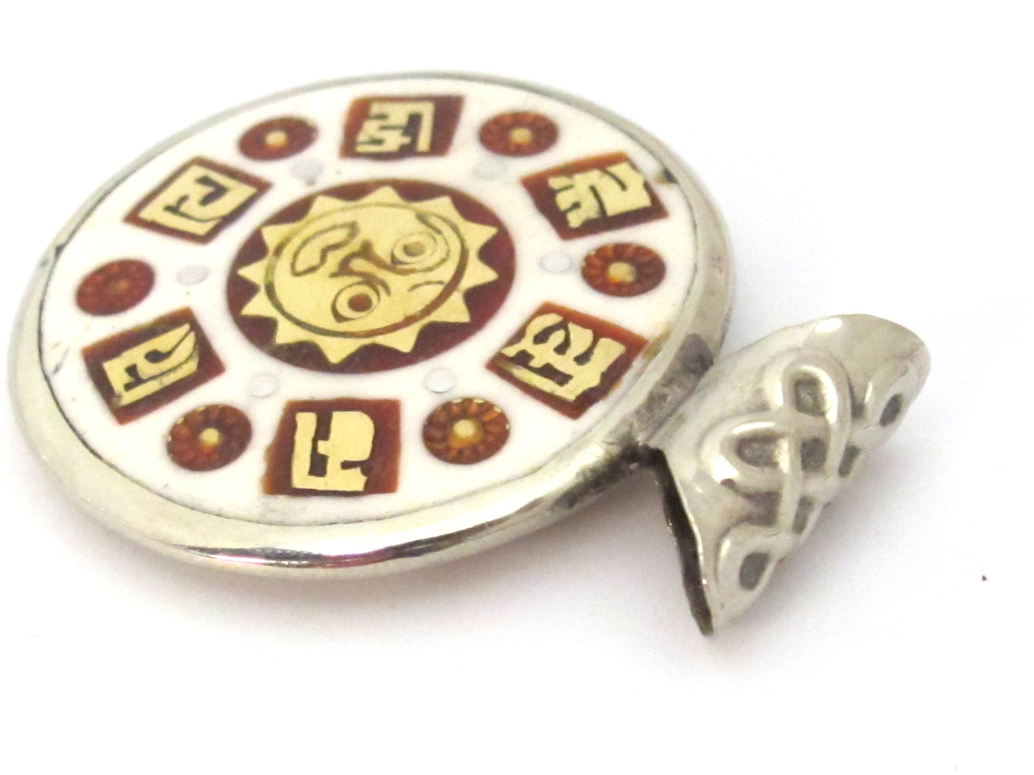 1 Pendant - Reversible Ganesha Sun Om mantra brass inlaid upcycled cattle bone pendant - PM477