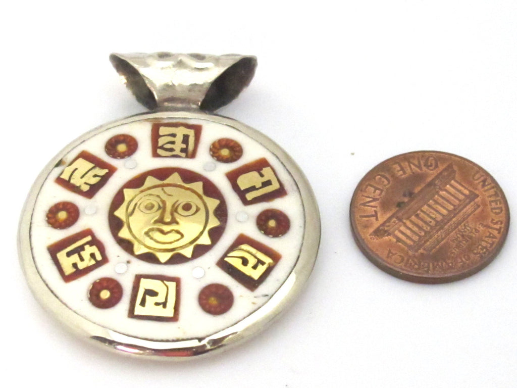 1 Pendant - Reversible Ganesha Sun Om mantra brass inlaid upcycled cattle bone pendant - PM477