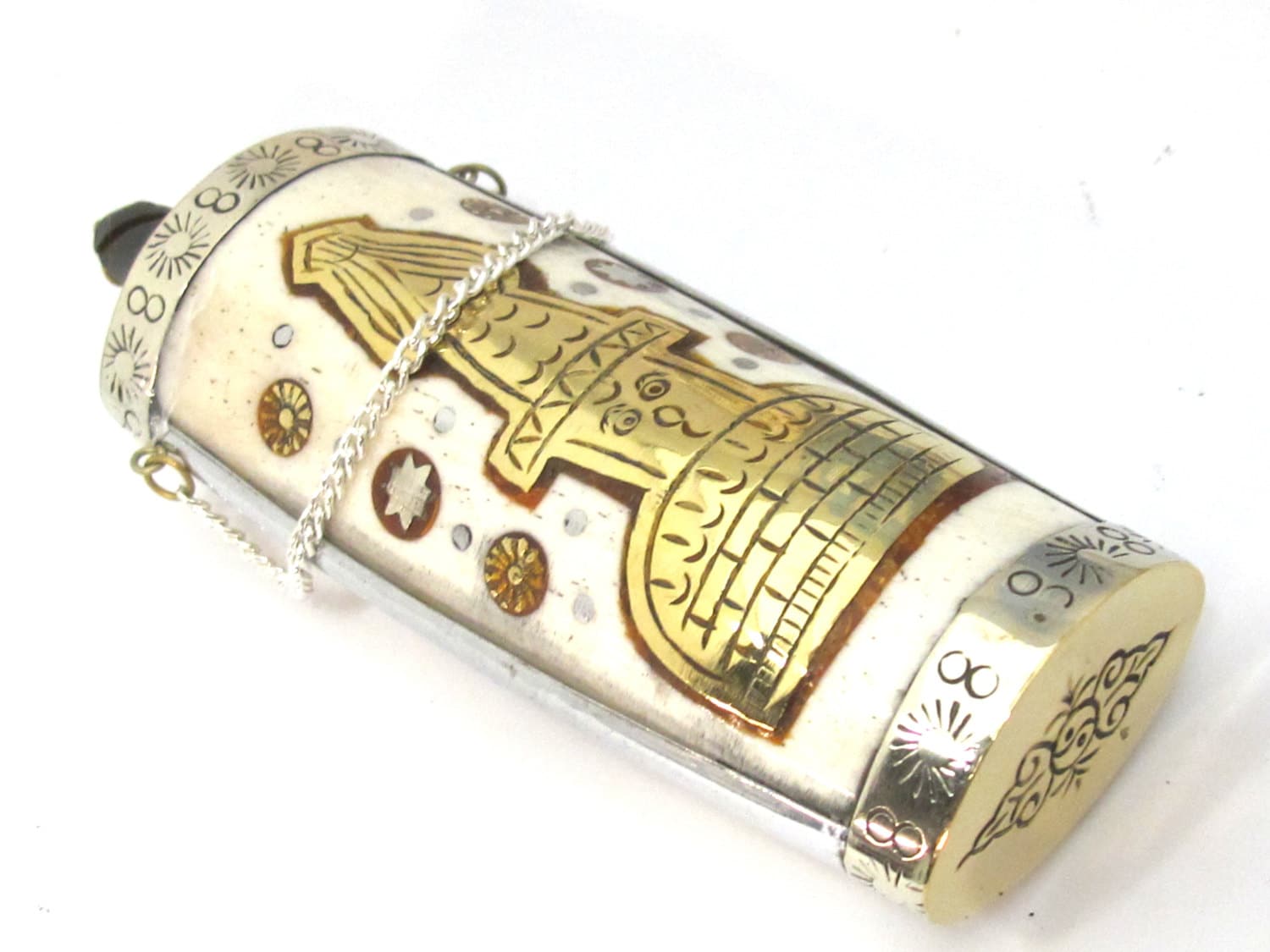 Large Tibetan silver buddha stupa sun design snuff bottle pendant with recycled cattle bone brass inlays - PM478