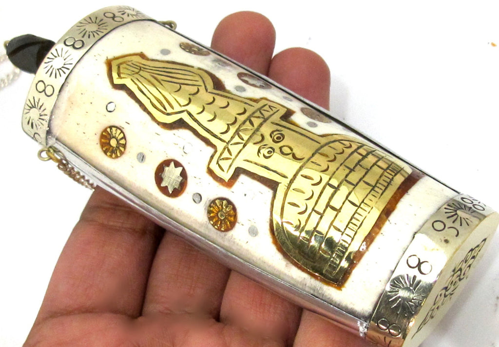 Large Tibetan silver buddha stupa sun design snuff bottle pendant with recycled cattle bone brass inlays - PM478