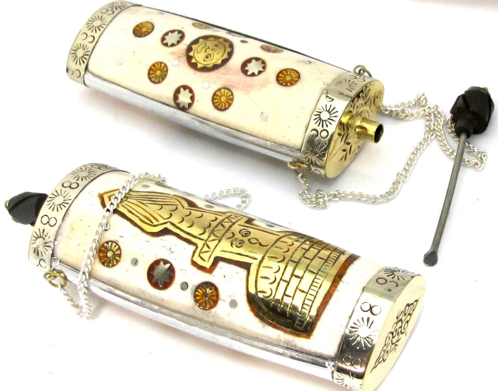 Large Tibetan silver buddha stupa sun design snuff bottle pendant with recycled cattle bone brass inlays - PM478