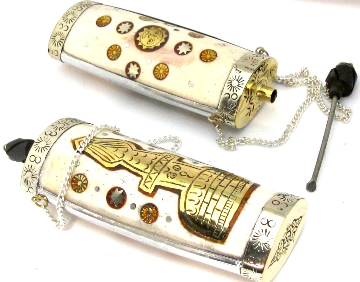 Large Tibetan silver buddha stupa sun design snuff bottle pendant with recycled cattle bone brass inlays - PM478