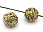 1 Bead - Tibetan brass bead with spiral design and turquoise inlay - BD908