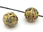 1 Bead - Tibetan brass bead with spiral design and turquoise inlay - BD908