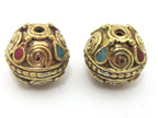 1 Bead - Tibetan brass bead with spiral design and turquoise inlay - BD908