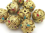 1 Bead - Tibetan brass bead with spiral design and turquoise inlay - BD908