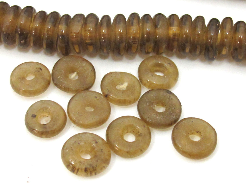 10 BEADS - Honey brown color ghana African recycled glass disc beads - AB007A
