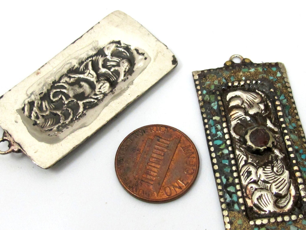 1 piece - Rectangle bar shape Tibetan antiqued silver flower carving charms with turquoise coral inlay - PM479