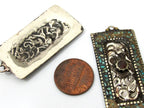 1 piece - Rectangle bar shape Tibetan antiqued silver flower carving charms with turquoise coral inlay - PM479
