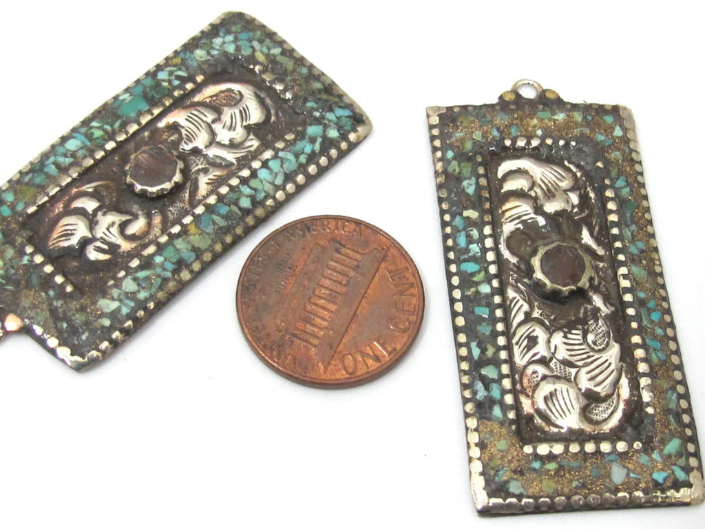 1 piece - Rectangle bar shape Tibetan antiqued silver flower carving charms with turquoise coral inlay - PM479