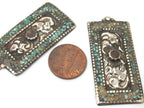 1 piece - Rectangle bar shape Tibetan antiqued silver flower carving charms with turquoise coral inlay - PM479