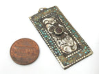 1 piece - Rectangle bar shape Tibetan antiqued silver flower carving charms with turquoise coral inlay - PM479
