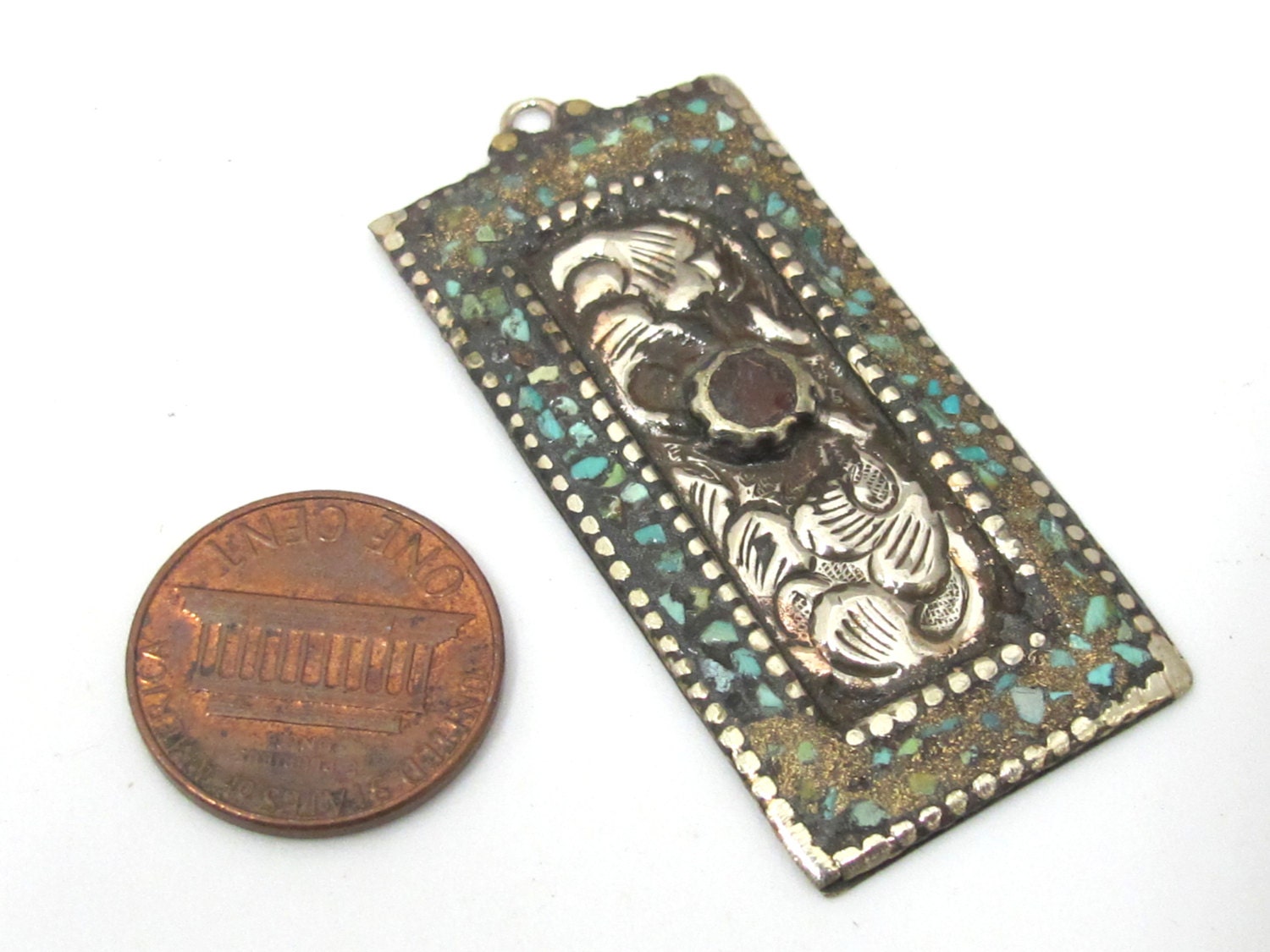 1 piece - Rectangle bar shape Tibetan antiqued silver flower carving charms with turquoise coral inlay - PM479