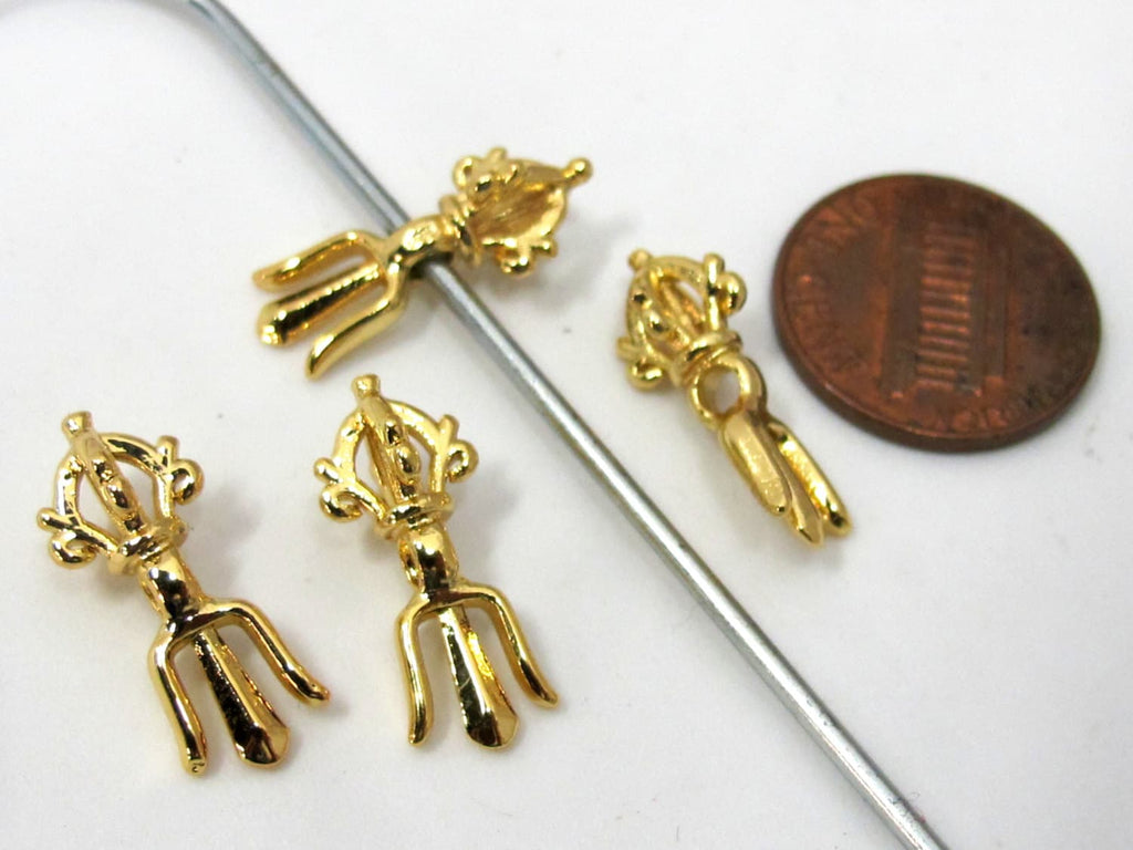 4 BEADS - Small size Tibetan dorje trident gold tone plated vajra beads mala spacer charm - BD909