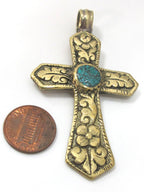 Reversible Tibetan Brass floral repousse cross Pendant with turquoise inlay - PM480
