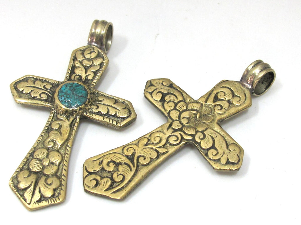 Reversible Tibetan Brass floral repousse cross Pendant with turquoise inlay - PM480