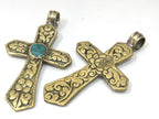 Reversible Tibetan Brass floral repousse cross Pendant with turquoise inlay - PM480