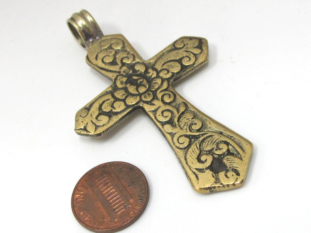 Reversible Tibetan Brass floral repousse cross Pendant with turquoise inlay - PM480