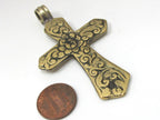 Gorgeous solid brass set of 3 cross Pendants - Ethnic tibetan brass cross reversible floral carving pendant with inlays from Nepal - PM483